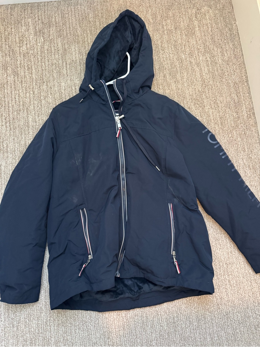 Tommy Hilfiger Navy Hooded Zip-Up raincoat with Logo Trim